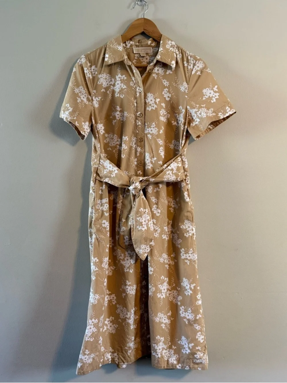 Michael Kors Khaki Floral Tie-Waist Midi Shirt Dress